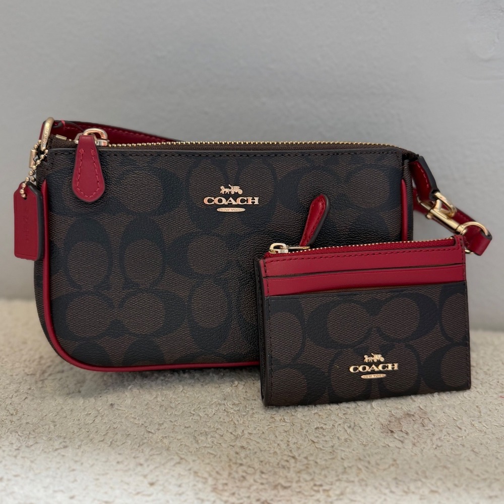 Coach Nolita 19 Wristlet and Card Case Set Signature Canvas Brown Red Y2K Boho